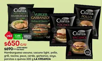 Tottus Hamburguesa vacuno, vacuno light, pollo, grill, tocino, pavo, cerdo, garbanzo, soya, porotos o quinoa 100 g la crianza oferta
