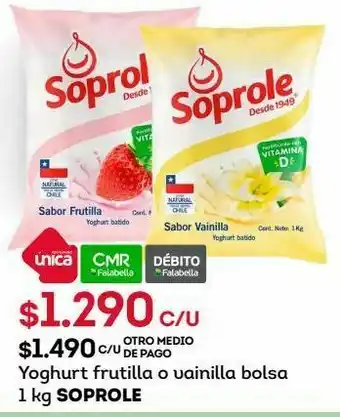 Tottus Yoghurt frutilla o vainilla bolsa 1 kg soprole oferta