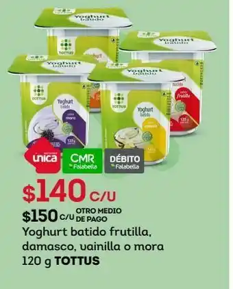 Tottus Yoghurt batido frutilla, damasco, vainilla o mora 120 g tottus oferta