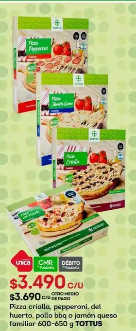 Tottus Pizza criolla, pepperoni, del huerto, pollo bbq o jamón queso familiar 600-650 g tottus oferta