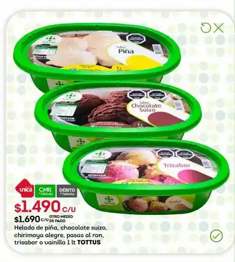 Tottus Helado de piña, chocolate suizo, chirimoya alegre, pasas al ron, trisabor o vainilla 1 lt tottus oferta