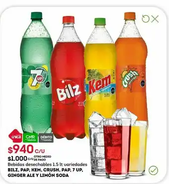 Tottus Bebidas desechables 1.5 lt variedades bilz, pap, kem, crush, pap, 7 up, ginger ale y limón soda oferta