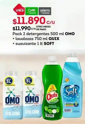 Tottus Pack 2 detergentes 500 ml omo + lavalozas 750 ml quix + suavizante 1 lt soft oferta