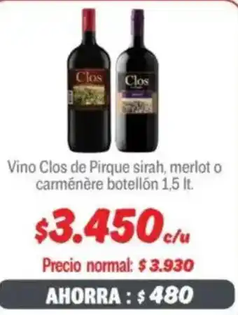 Mayorista 10 Vino clos de pirque sirah, merlot o carménère botellón oferta