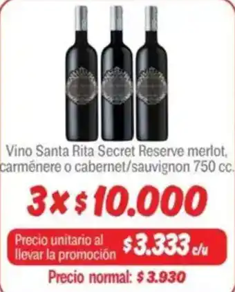 Mayorista 10 Santa rita vino secret reserve merlot, carmenere o cabernet/sauvignon oferta