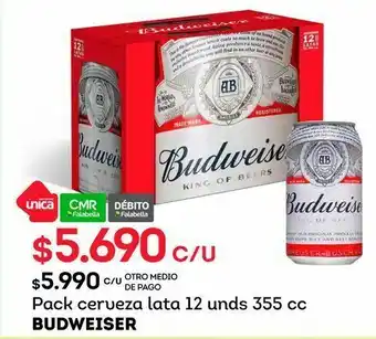 Tottus Pack cerveza lata 12 unds 355 cc budweiser oferta