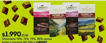 Chocolate 70%, 71%, 73%, 85% cacao, leche o naranja 80-100 g libeert