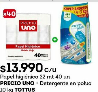 Tottus Papel higiénico 22 mt 40 un precio uno + detergente en polvo 10 kg tottus oferta