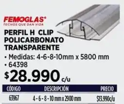 Construmart Femoglas perfil H clip policarbonato transparente oferta