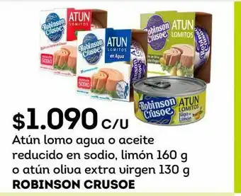 Tottus Atún lomo agua o aceite reducido en sodio, limón 160 g o atún oliva extra virgen 130 g robinson crusoe oferta