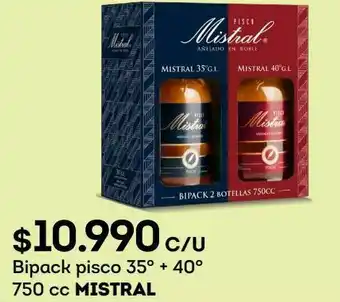 Tottus Bipack pisco 35° + 40° 750 cc mistral oferta