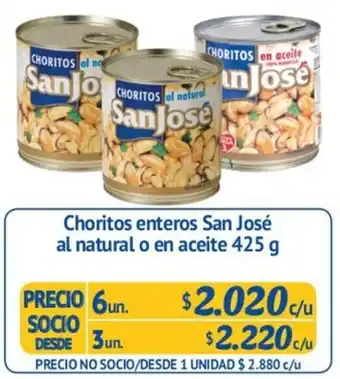Choritos Enteros San José al Natural o en Aceite 6un. 425g