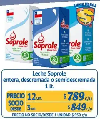 Alvi Leche Soprole Entera, Descremada o Semidescremada 12un. 1lt oferta