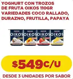 Comercial Castro Yoghurt con trozos de fruta oikos variedades coco rallado, durazno, frutilla, papaya oferta