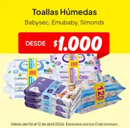 Unimarc Toallas húmedas babysec, emubaby, simonds oferta