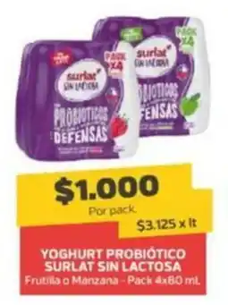 Super Ganga Surlat yoghurt probiotico sin lactosa frutilla o manzana-pack oferta