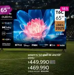 Ripley Tcl - smart tv qled 4k uhd 65 65t6c oferta