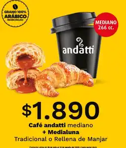 OXXO Cafe andatti mediano + medialuna tradicional o rellena de manjar oferta