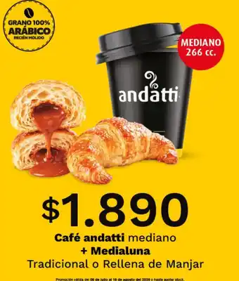 OXXO Cafe andatti mediano + medialuna tradicional o rellena de manjar oferta