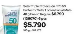 Avon Care+ - solar triple protección fps 50 protector solar locion facial mate oferta