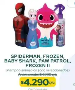 Cruz Verde Spiderman, frozen, baby shark, paw patrol, frozen II shampoo animación oferta