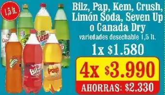 Unimarc Bilz, Pap, Kem, Crush, Limón Soda, Seven Up o Canada Dry 4x1,5L oferta