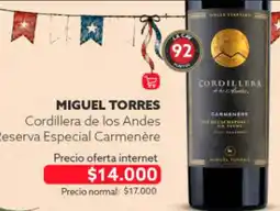 Club de Amantes del Vino Miguel torres - cordillera de los andes reserva especial carmenere oferta