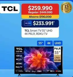Lider Tcl - smart tv 55 uhd 4k p6ir, roku tv oferta