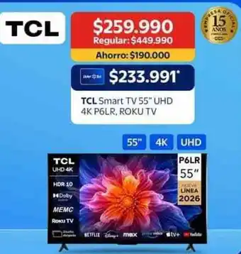 Tcl - smart tv 55 uhd 4k p6ir, roku tv