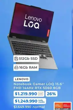 Paris Lenovo - notebook gamer loq 15.6 fhd 144h2 rtx 5060 86gb oferta