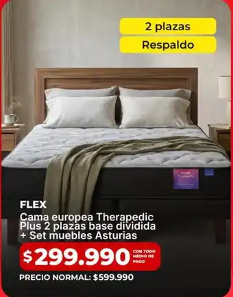 Flex - cama europea therapedic plus 2 plazas base dividida + set muebles asturias