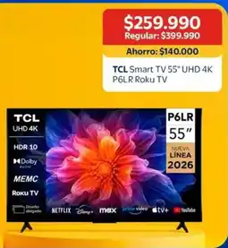 Lider Tcl - smart tv 55 uhd 4k p6lr roku tv oferta
