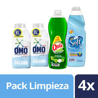 Unimarc Pack Detergente líquido Omo para diluir 2 un de 500 ml + Suavizante Soft 1 L + Lavalozas Quix 750 ml oferta