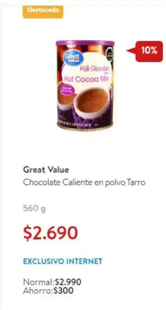 Lider Great Value Chocolate Caliente en polvo Tarro 560g oferta