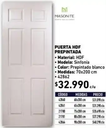 Construmart Masonite Puerta HDF Prepintada Sinfonía 70 x 200cm oferta