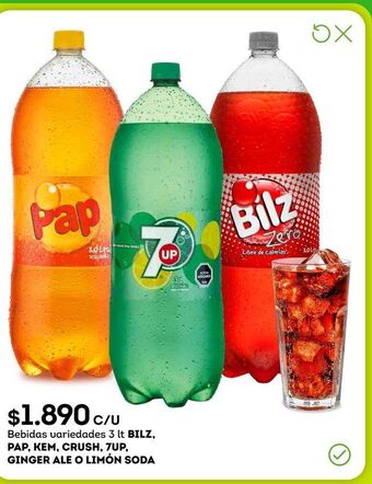 Tottus Bebidas variedades 3 lt bilz, pap, kem, crush, 7up, ginger ale o limón soda oferta
