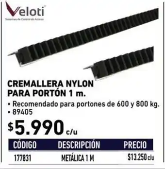 Veloti - Cremallera Nylon para Porton 1 m. - 89405