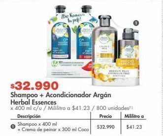Metro Shampoo + acondicionador argán herbal essences x 400 ml c/u oferta
