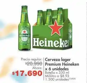 Metro Cerveza lager premium heineken x 6 unidades botella x 330 ml oferta