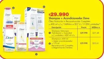 Metro Shampoo + acondicionador dove óleo nutrición o reconstrucción completa x 400 ml c/u oferta