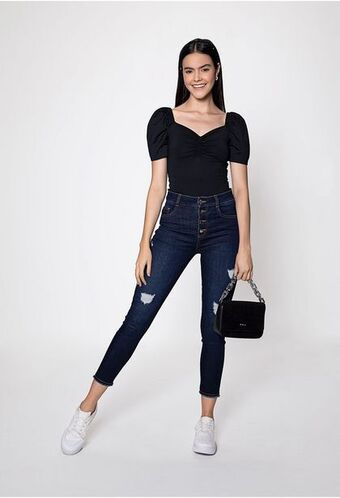ELA Jean skinny tiro alto con botones y des oferta