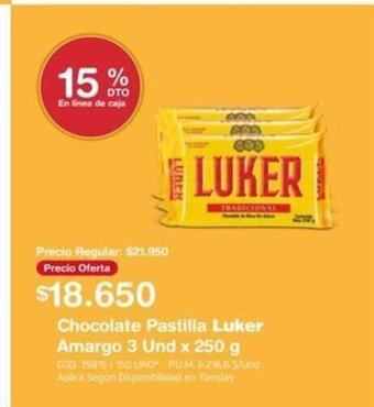 Chocolate Pastilla Luker Amargo 3 Und x 250g