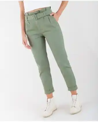Naf Naf Pantalón para mujer verde relax tiro súper alto con cinturón oferta