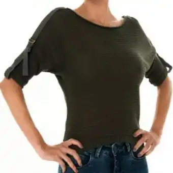 Blusa tejida en hilo con charreteras color taupe manga 3/4