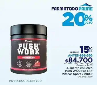 FarmaTodo Alimento en Polvo Push Work Pre-Out Vitanas Sport 210g oferta