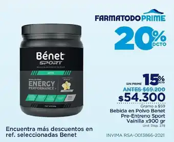 FarmaTodo Bebida en Polvo Bénet Sport Vainilla 900g oferta