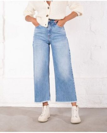 Naf Naf Jean para mujer azul medio wide leg tiro súper alto con costuras marcadas y ruedo deshilado oferta