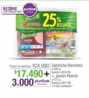 Jumbo Salchicha ranchera x 480 g + jamón pietrán x 431 g oferta
