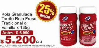 Kola Granulada Tarrito Rojo Fresa, Tradicional o Vainilla 135g