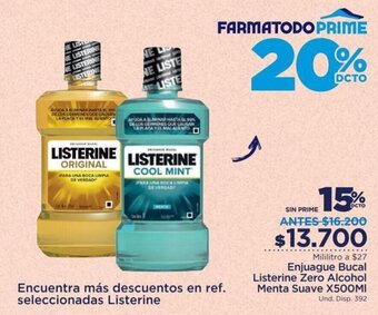 FarmaTodo Enjuague Bucal Listerine Zero Alcohol Menta Suave 500ml oferta